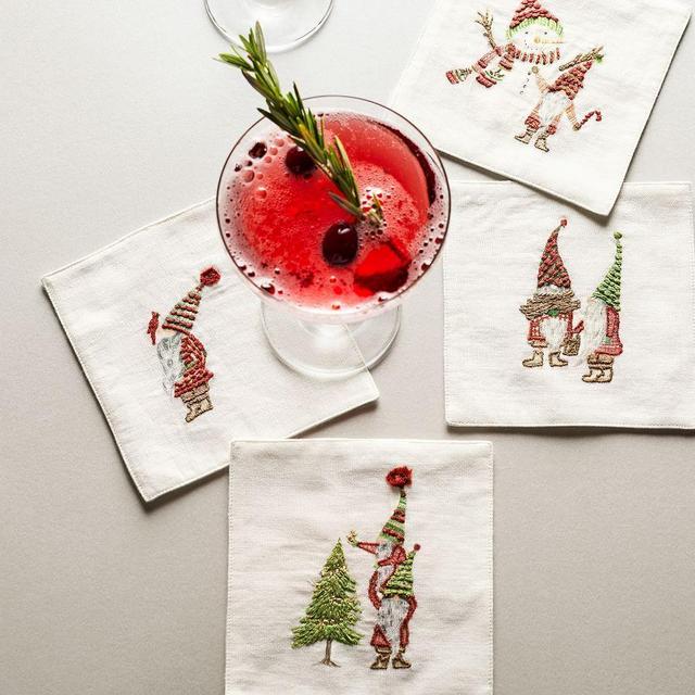 Forest Gnome Embroidered Linen Cocktail Napkins