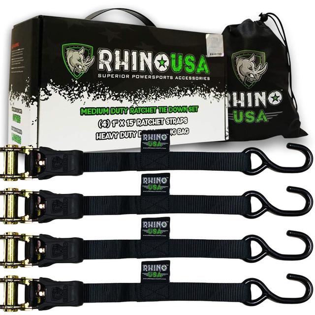 RHINO USA Ratchet Tie Down Straps (4PK) - 1,823lb Guaranteed Max Break Strength, Includes (4) Premium 1" x 15' Rachet Tie Downs with Padded Handles. Best for Moving, Securing Cargo (BLACK)