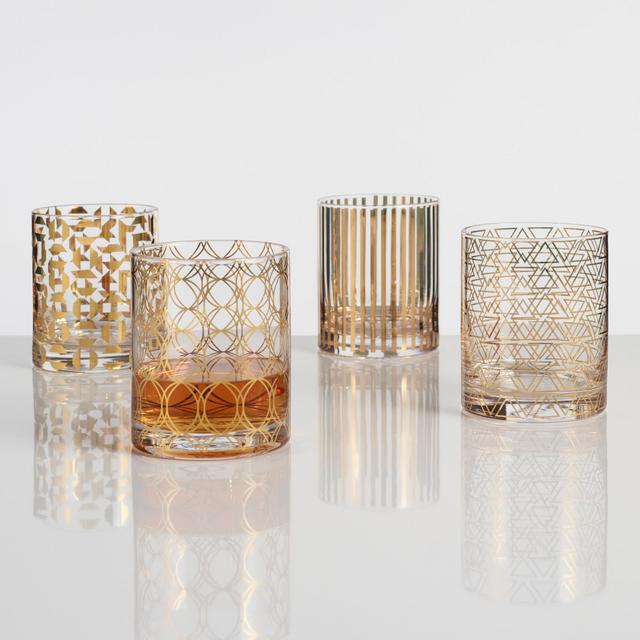 Metallic Gold Pattern Double Old Fashioned Glasses Set Of 4