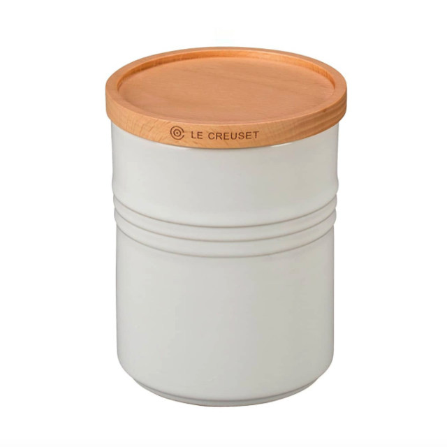 Glazed Stoneware 2 1/2 Quart Storage Canister with Wooden Lid - White