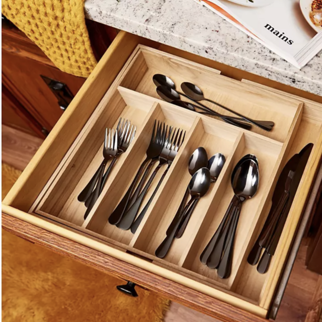 iDesign Renewable Paulownia Wood Collection Expandable Flatware and Cutlery Tray, 15" x 12"-22"