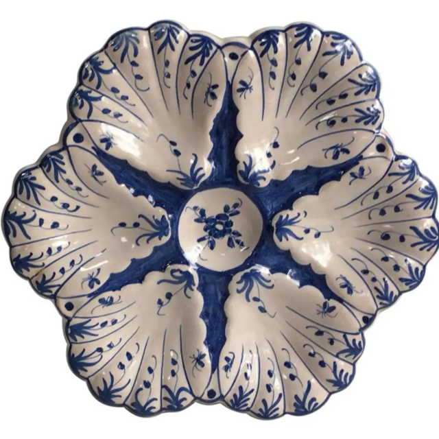 French Blue and White Faience Oyster Plate Moustiers Style, circa 1940