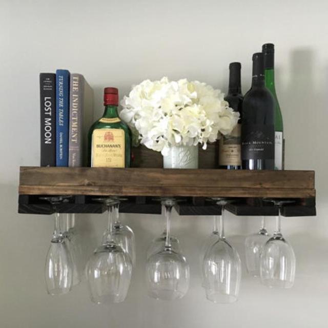 24" Rustic Wood Wine Rack Shelf & Stemware Glass Holder Organizer Unique