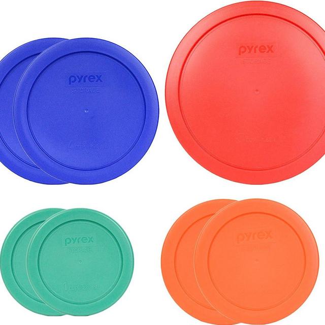 Pyrex (1) 6/7 Cup Red, (2) 4 Cup Cobalt Blue, (2) 2 Cup Orange, & (2) 1 Cup Green Plastic Storage Lids