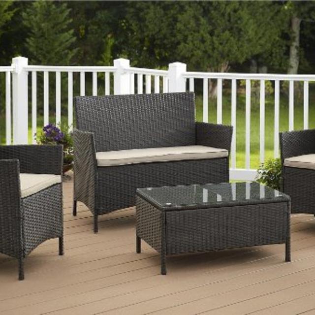 Cosco Outdoor Jamaica 4-Piece Resin Wicker Complete Patio Set, Dark Brown with Tan cushions