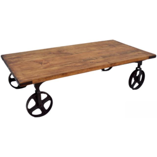 Wanderloot Wheeler Reclaimed Pine Industrial Wheel Rectangle Coffee Table Cart (India)