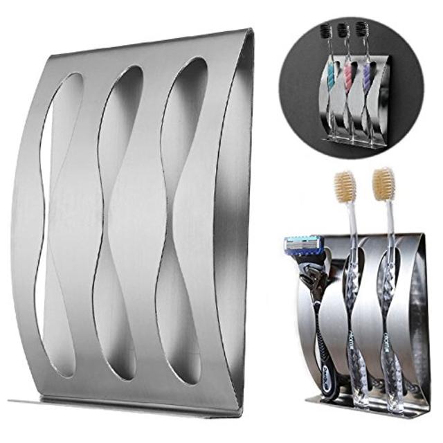 Itian Brushed Durable Stainless Steel Wall Toothbrush Holder, Toothbrush Razor Holder with Self Adhesive for Bathroom Accessories Organizer 3 Holes