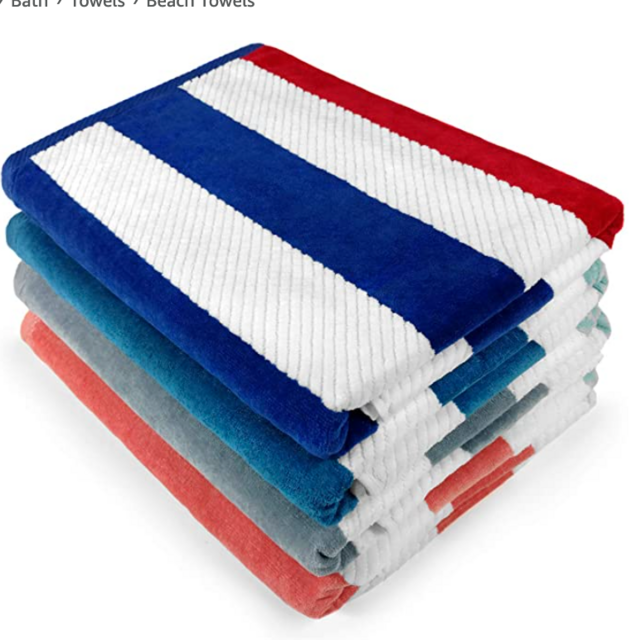 Kaufman - Soft, Plush ,4 Pack 100% Combed Ring Spun Yarn dye Cotton Velour Oversized Sized 32”x62” Highly Absorbent, Quick Dry, Colorful Cabana Striped Beach, Pool and Bath Towel.