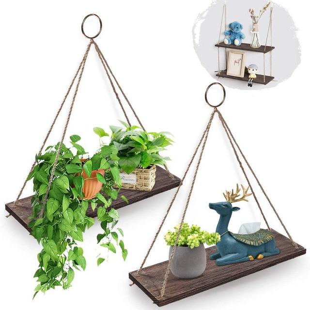 AGSIVO Hanging Shelves Wall Mounted Wood Shelves with 2 Rings Lightweight and Durable Farmhouse Rope Shelves for Living Room Bedroom Bathroom Kitchen