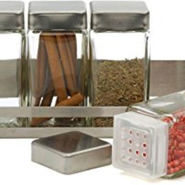 RSVP Endurance Stainless Steel Rectangular Spice Rack with 6 Glass Bottles