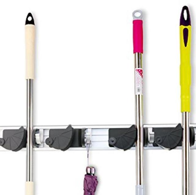 Freye Adjustable Aluminum Broom and Mop Holder with 4 Position and 5 Hangers 52cm Kitchen and Garage Storage and Organizer Rack, Hooks for Family, Wall Mounted- Easy to Install