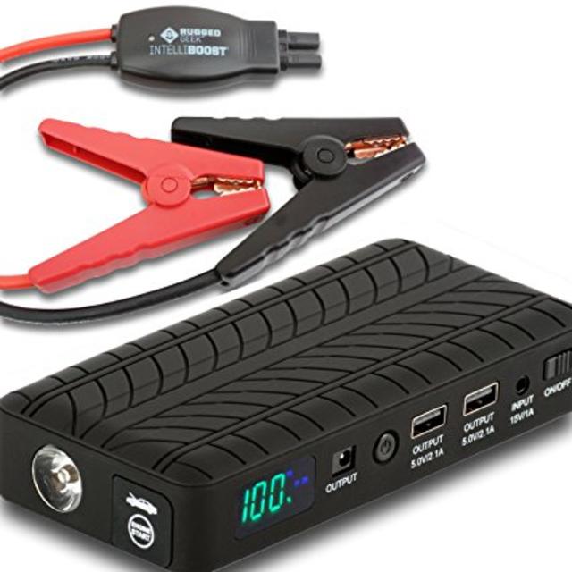 Rugged Geek INTELLIBOOST 600A Portable Jump Starter and Power Supply with LCD Display. USB Laptop Charging. Emergency Auto Jump Pack for Cars, Trucks, SUVs and more.
