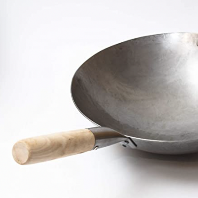 Craft Wok Traditional Hand Hammered Carbon Steel Pow Wok with Wooden and Steel Helper Handle (14 Inch, Round Bottom) / 731W88