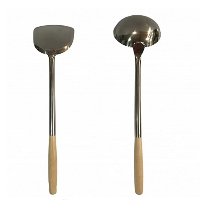 Wok Utensils Set 1 Wok Spatula & 1 Wok Ladle Set Large Size L17.5' x 5' Chinese Cooking Tools Wok Spoon & Wok Turner Cooking Utensils Set Wok Tools Wok Accessories Chuan Hoak Quality Stainless Steel