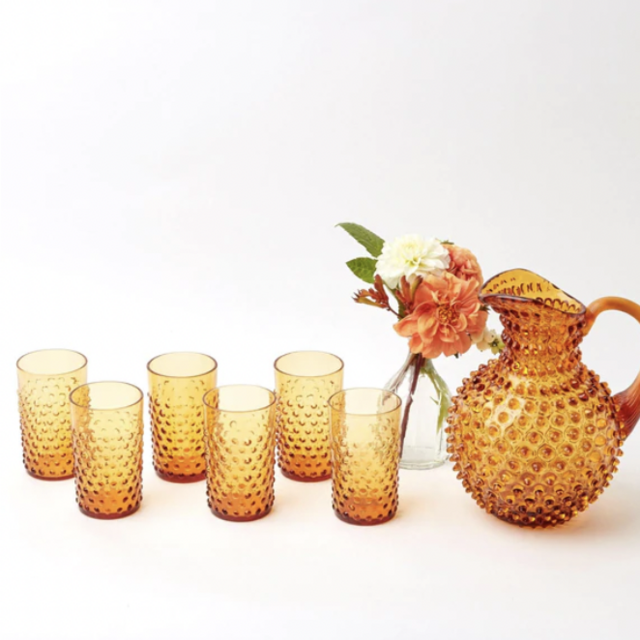 Amber Hobnail Jug and Glasses (Set of 6)