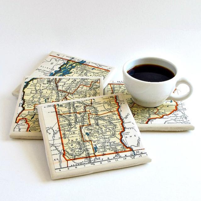 Vermont Map Coasters / Vermont Gifts / Anniversary Gift for Parents / Moving Away Gift / Vintage Map Coasters / Native Vermont / Mens Gifts