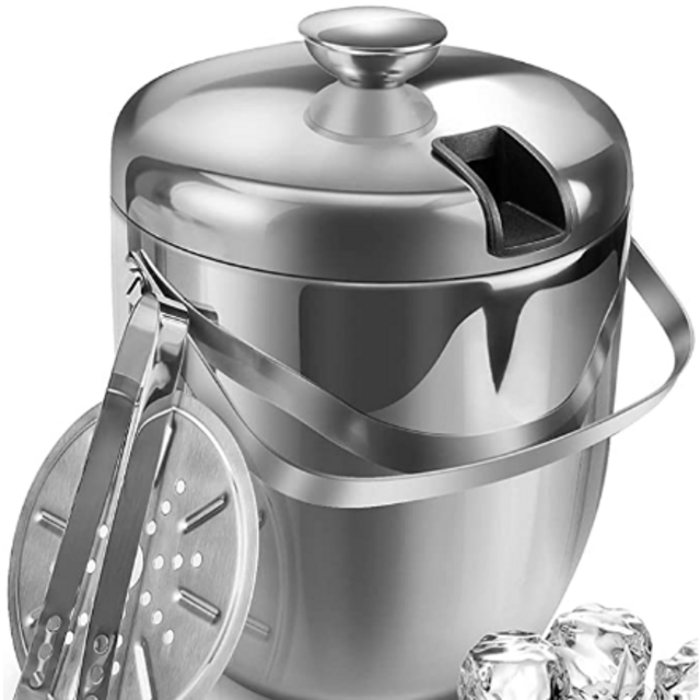 Jozo Ice Bucket Insulated with Tongs and Lids 3.4 Quarts for Parties and Bar, Stainless Steel Double Wall with Strainer