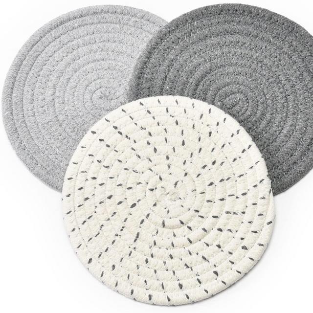Potholders Set Trivets Set 100% Pure Cotton Thread Weave Hot Pot Holders Set (Set of 3) Stylish Coasters, Hot Pads, Hot Mats,Spoon Rest For Cooking and Baking by Diameter 7 Inches (Gray)