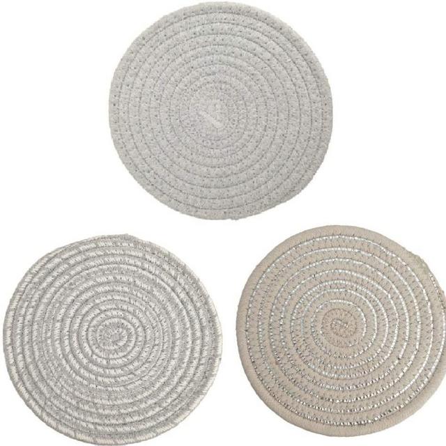 Set of 3 Potholders for Dining Table, Trivets Set 100% Cotton Thread Weave, Hot Pot Holders Stylish Coasters for Farmhouse Decor, Hot Pads Thermal insulation pads for Cooking and Baking 7 Inch (Grey)