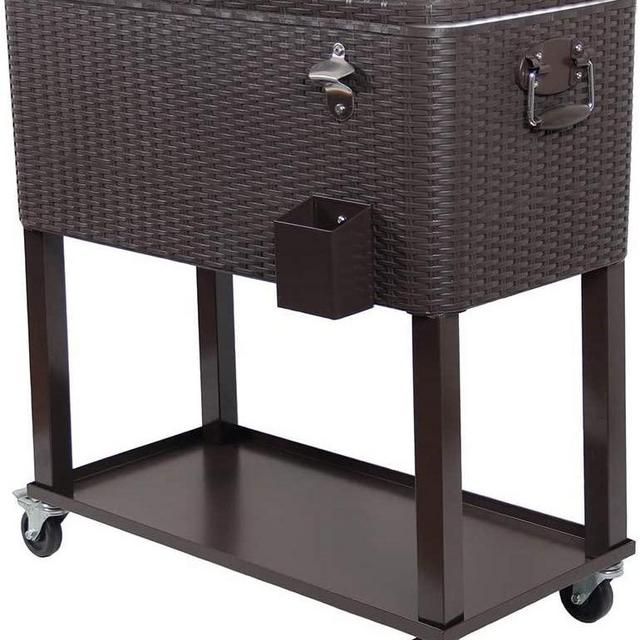 UPHA 80 Quart Rolling Outdoor Patio Cooler Cart on Wheels, Wicker Pattern Portable Drink Beverage Bar for Patio Pool Party, Ice Chest with Shelf and Bottle Opener, Brown