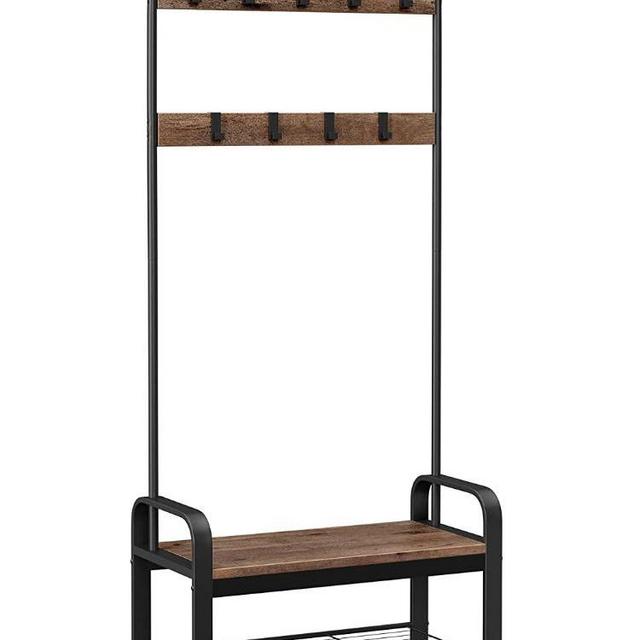 VASAGLE Coat Rack, Shoe Bench, Hall Tree with Storage Shelf for Entryway, Industrial Accent Furniture with Steel Frame, 3-in-1 Design, Easy Assembly, Hazelnut Brown and Black UHSR040B03