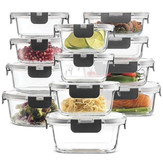 24-Piece Superior Glass Food Storage Containers Set - Newly Innovated Hinged BPA-free Locking lids - 100% Leakproof Glass Meal-Prep Containers, Great On-the-Go & Freezer-to-Oven-Safe Food Containers