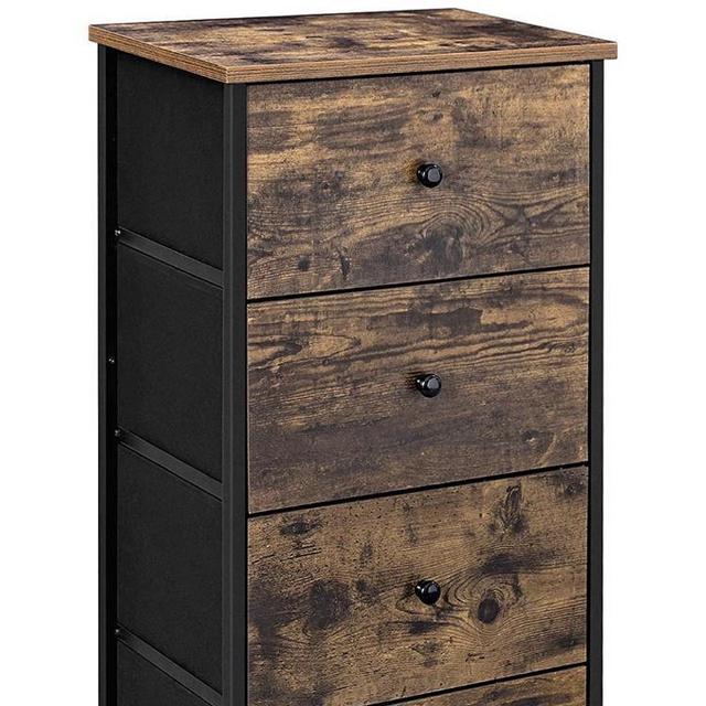 SONGMICS Rustic Vertical Dresser Tower, Industrial Drawer Dresser with 4 Drawers, Wooden Top and Front, Metal Frame, Fabric Closet Storage, Rustic Brown and Black ULGS04H