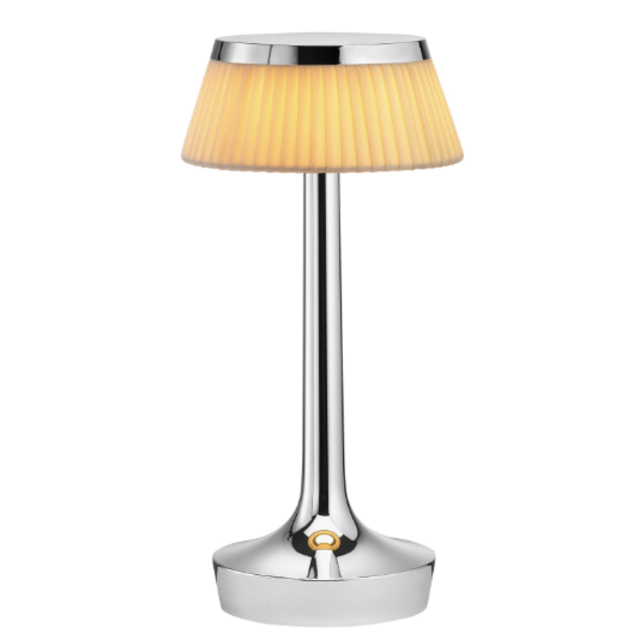 FLOS Bon Jour Unplugged Chrome Lamp w/ Plisse Cloth Crown by Philippe Starck
