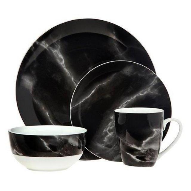 Godinger Carrera 16-Piece Porcelain Dinnerware Set, Black (Service for 4)