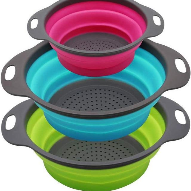 Qimh Collapsible Colander Set of 3 Round Silicone Kitchen Strainer Set - 2 pcs 4 Quart and 1 pcs 2 Quart- Perfect for Draining Pasta, Vegetable and fruit (green,blue, purple)