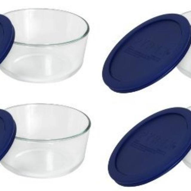 Pyrex Storage 4-Cup Round Dish with Dark Blue Plastic Cover, Clear (Case of 4 Containers)