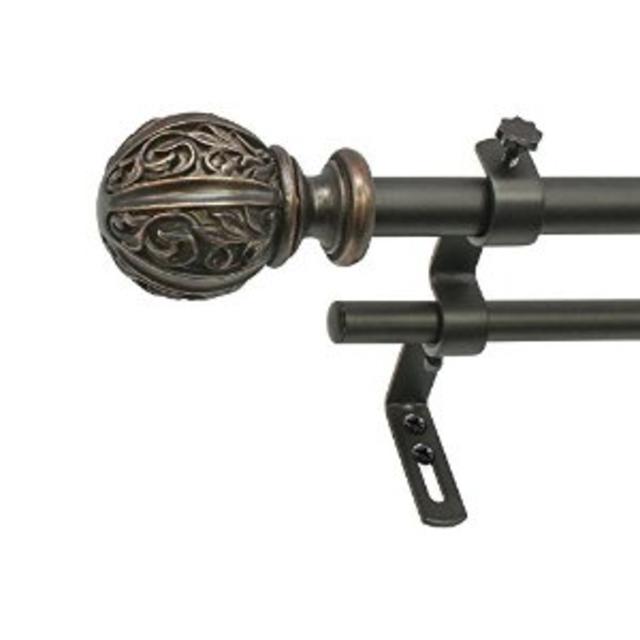 Beme International 5/8" Montevilla Core Leaf Ball Double Telescoping Drapery Rod Set, 48-86", Vintage Bronze
