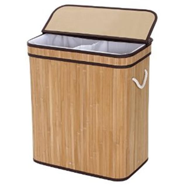 Songmics Double Hampers Bamboo Laundry Basket Two-section laundry Bin Rectangular Natural ULCB64Y