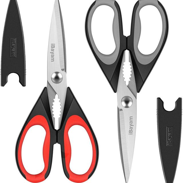 Kitchen Shears, iBayam Kitchen Scissors Heavy Duty Meat Scissors Poultry Shears, Dishwasher Safe Food Cooking Scissors All Purpose Stainless Steel Utility Scissors, 2-Pack (Black Red, Black Gray)