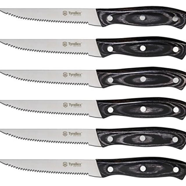Tyrellex Steak Knives - 6 Piece Kobe Edition Steak Knife Set with Black Pakkawood Handle & Wooden Gift Box