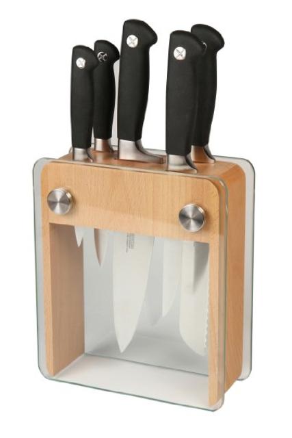 Mercer Culinary Genesis 6-Piece Forged Knife Block Set, Wood Block with Tempered Glass