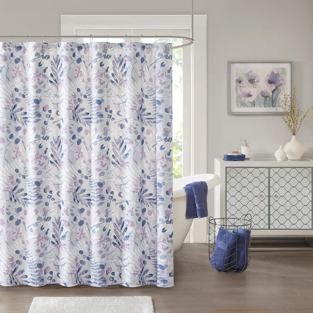 Madison Park Lyla Seersucker Botanical Print Shower Curtain Mauve
