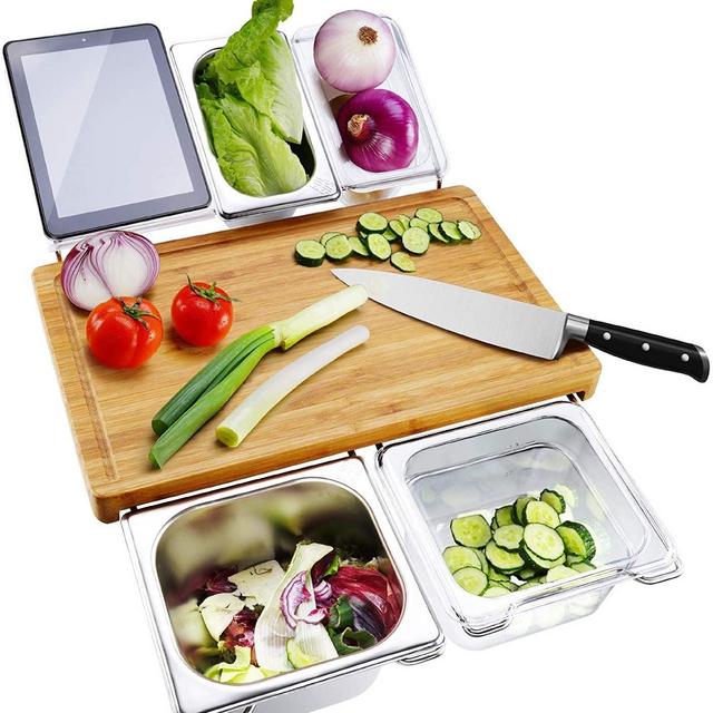 Extensible Bamboo Cutting Board Set with 4 Containers for Kitchen with Juice Groove, Eco-friendly Chopping and Serving Board for Meats Bread Fruits