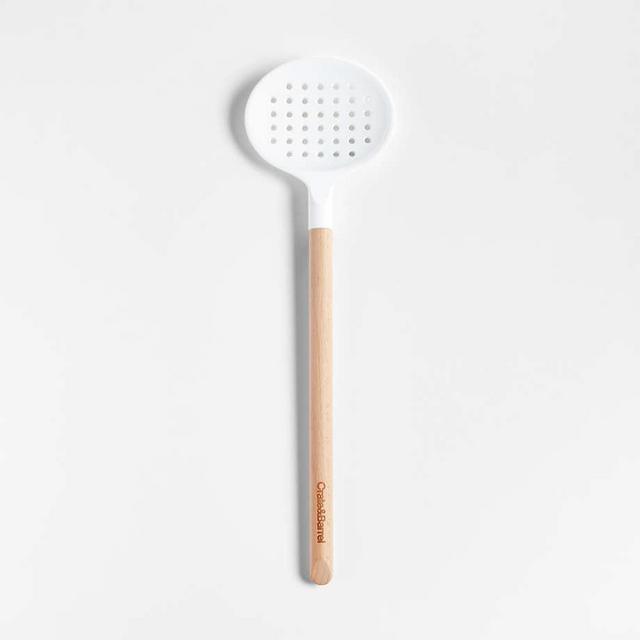 Crate & Barrel White Silicone and Wood Slotted Spoon
