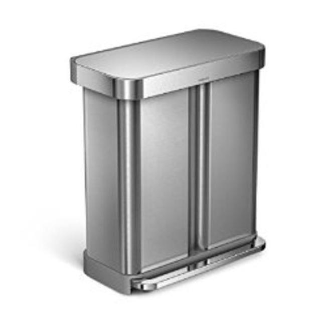 simplehuman 58 Litre / 15.3 Gal Rectangular Dual Compartment Recycling Step Can with Liner Pocket, Stainless Steel