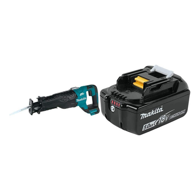 Makita XRJ05Z 18 Volt LXT Lithium-Ion Brushless Cordless Recipro Saw with Makita BL1850B 18 Volt LXT Lithium-Ion 5.0Ah Battery
