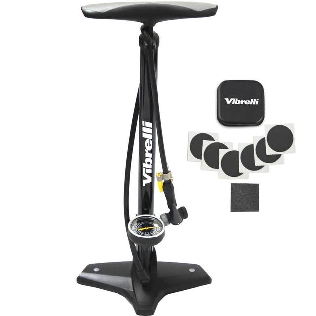 High Performance Bike Floor Pump with BONUS Glueless Puncture Kit. Special "Rapid T-Valve" Switches from Presta to Schrader Bicycle Pump Valves with a Simple Flick. 15 Year Warranty
