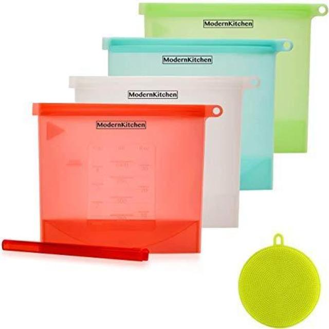 Reusable Silicone Food Storage Bags - Sandwich Ziplock Container, Lunch, Snack Bag - Airtight Sous Vide Cooking, Steam Heat Boil Freeze - Microwave Dishwasher Safe - Meal Prep Portion, 4-pack