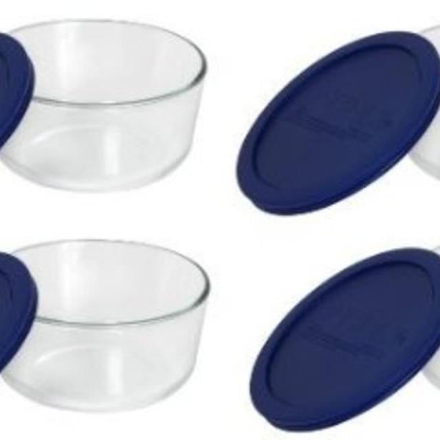 Pyrex Storage 4-Cup Round Dish with Dark Blue Plastic Cover, Clear (Case of 4 Containers)