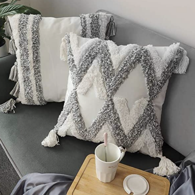 TINYSUN White Grey Boho Decorative Throw Pilllow Covers Set of 2,Super Soft Woven Tufted Velvet Pillowcase with Tassel Classic Wave Line Pattern Fall Floor Pillow for Sofa Car(Grey-Line,20"x20")