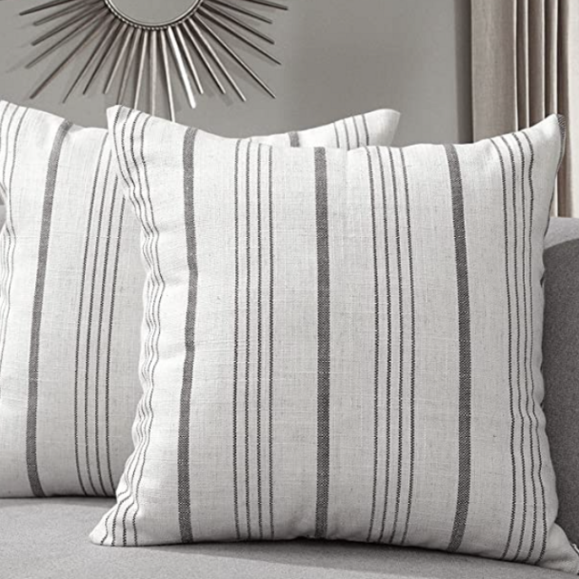 Sunlit Decorative Farmhouse Throw Pillow Case Cushion Cover, Modern Accent Square Pillow Cover, 20" x 20", Set of 2 Off White with Gray Stripes Textured Linen Throw Pillow Case for Couch Chair Bedroom