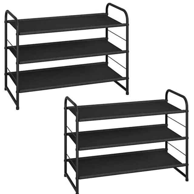 2 Pack Simple Trending 3-Tier Stackable Shoe Rack, Expandable & Adjustable Fabric Shoe Shelf Storage Organizer, Black