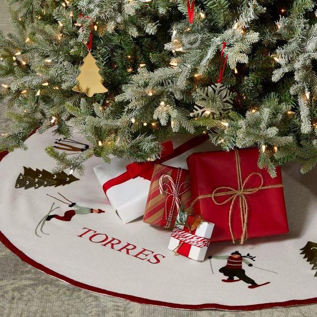 Hand Embroidered Wool Tree Skirt, Skier