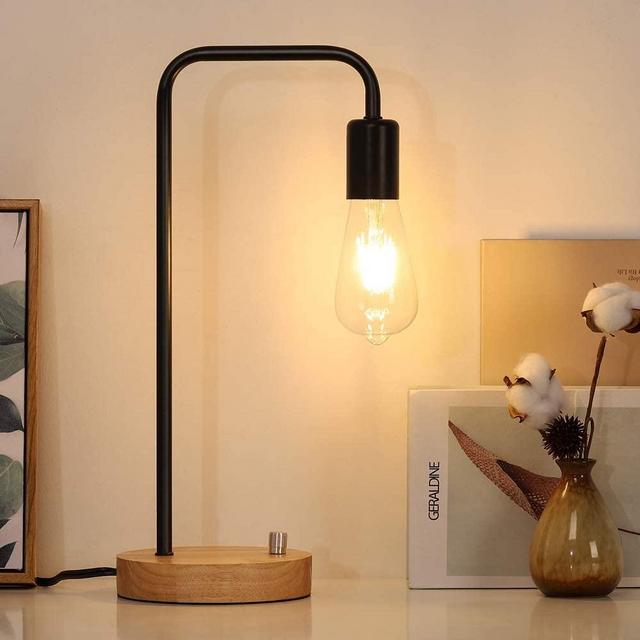 Desk/Bedside Lamp Industrial Style with Wood Base (Black)