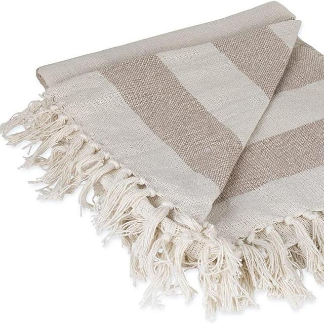 DII Rustic Farmhouse Cotton Cabana Striped Blanket Throw with Fringe, 50 x 60" - Cabana Striped Stone